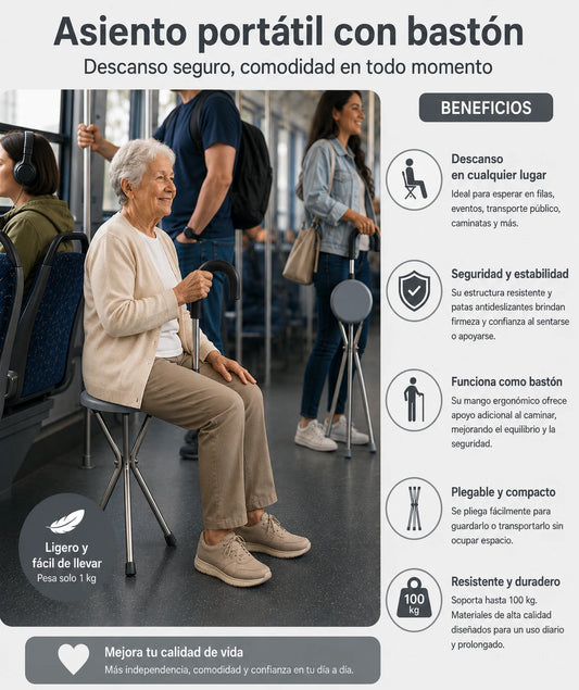Bastón-Asiento Silfab - Soporte para caminar y descanso instantáneo en un solo movimiento.