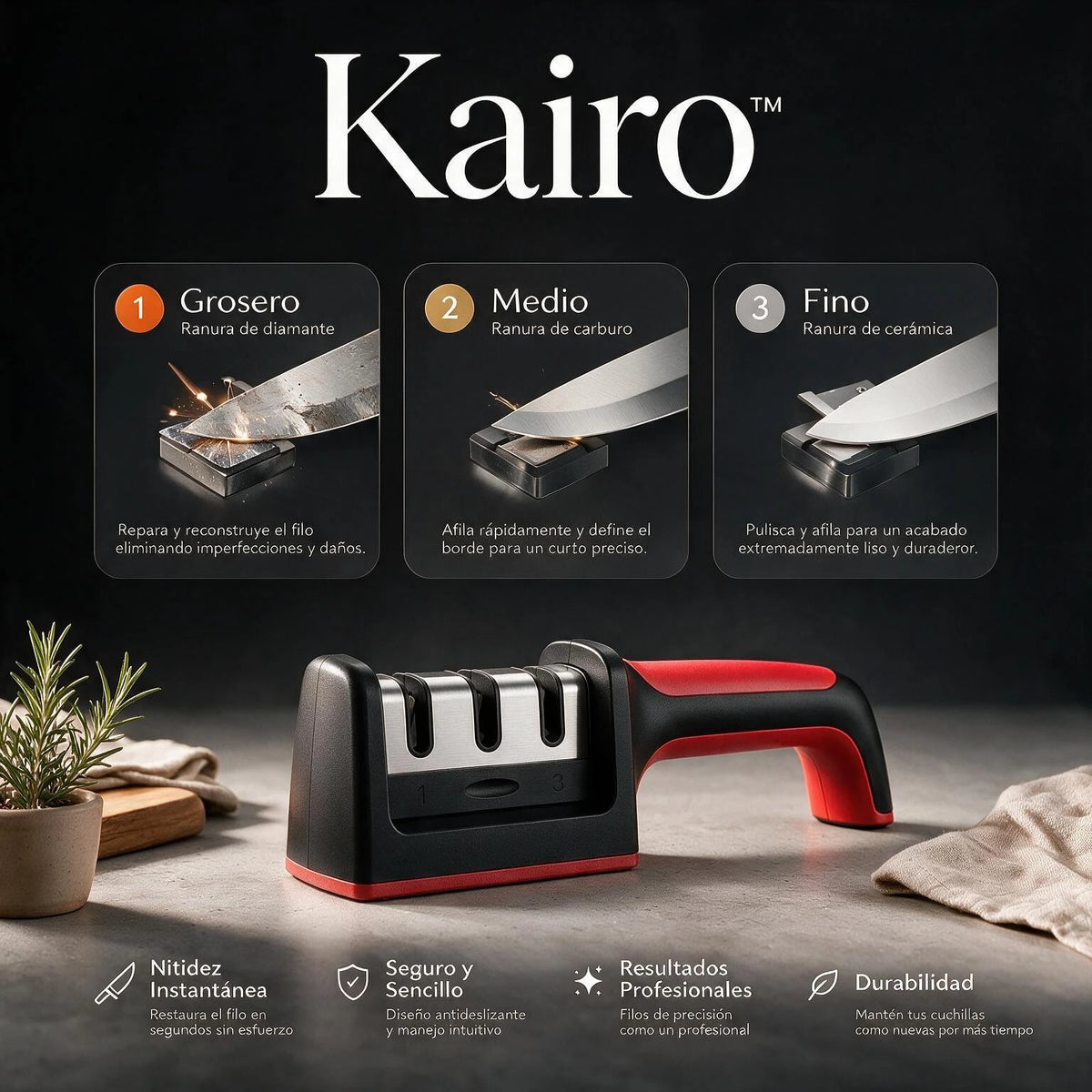 Kairo™ | Afilador de Cuchillos de 3 Etapas